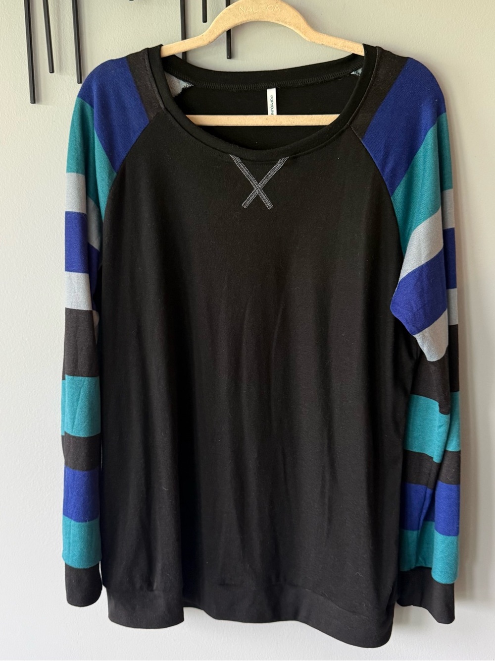 Black Raglan Sweatshirt with Striped Blue & Teal Sleeves